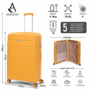 Aerolite 28” Large 100L Lightweight Polypropylene (PP) Check-In Suitcase – Hard Shell Luggage with Spinner Wheels, TSA Lock & Waterproof Pocket, Mango